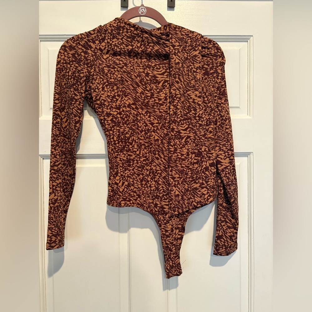 ASTR The Label Brown Printed Bodysuit with Unique Neckline and Built in Scarf - Picture 1 of 3